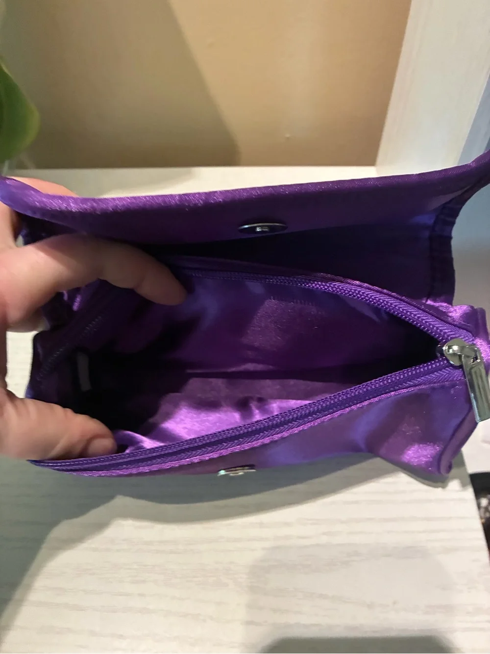 Younique Purple Satin Cosmetic Clutch with Silver Logo Plate
